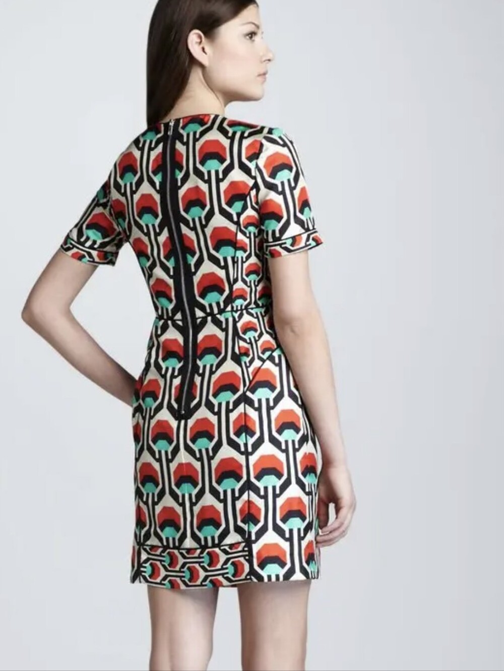 Milly Geometric Print Short Sleeve Shift Dress in Red, Teal, Black, Cream